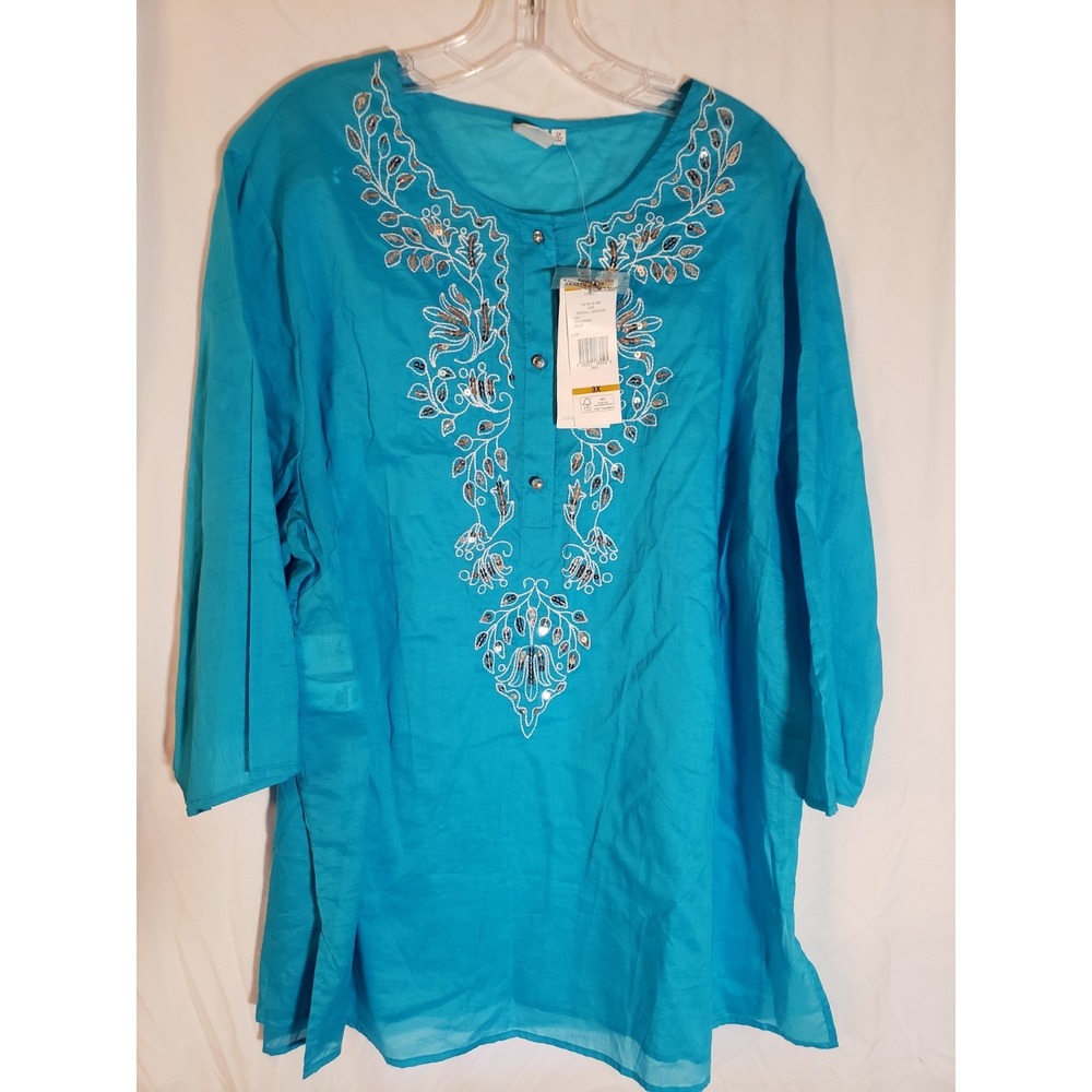 Women's Jones NY Turquoise Semi Sheer Embroidered Sequined Long Sleeve Blouse...